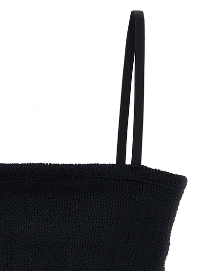 This Bikini by Hunza G for women in stretch polyamide black & signature features a beach chic silhouette from the Gigi Women's Stretch Polyamide Bikini collection, showcasing a beach chic cut for a refined poolside look.