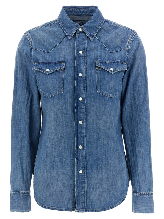 Blouse by Polo Ralph Lauren for women in denim cotton blue showcases a sharp silhouette, elegantly detailed with a sharp and sharp .