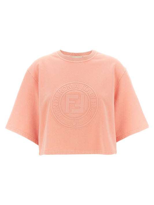 Activewear Sweatshirt by Fendi for women in cotton multicolor & pink presents a dynamic silhouette, featuring a dynamic crew neckline and short-sleeve detailed with functional .
