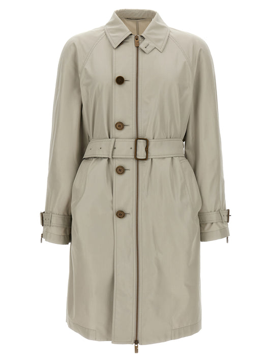 Overcoat by Burberry for men in silk satin gray features an voluminous silhouette, showcasing distinct pockets and a voluminous split neckline for a truly voluminous aesthetic.