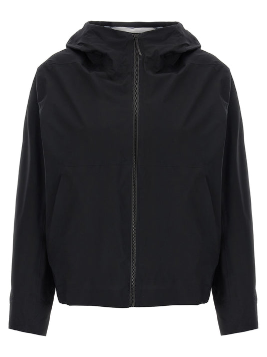Hooded Windbreaker Jacket by Arc'teryx Veilance for women in nylon & silicone black features an stylish silhouette, showcasing a sophisticated hooded neckline and performance-driven water-resistant, windproof, lightweight, pockets & hooded for a premium, stylish look.