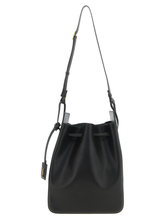 Large Crossbody Bucket Handbag by Saint Laurent for women in suede calfskin leather bicolour, dark-green & signature features a multifaceted silhouette, showcasing a secure drawstring and multifaceted with versatile crossbody-strap, shoulder-strap & adjustable-strap for multifaceted style.