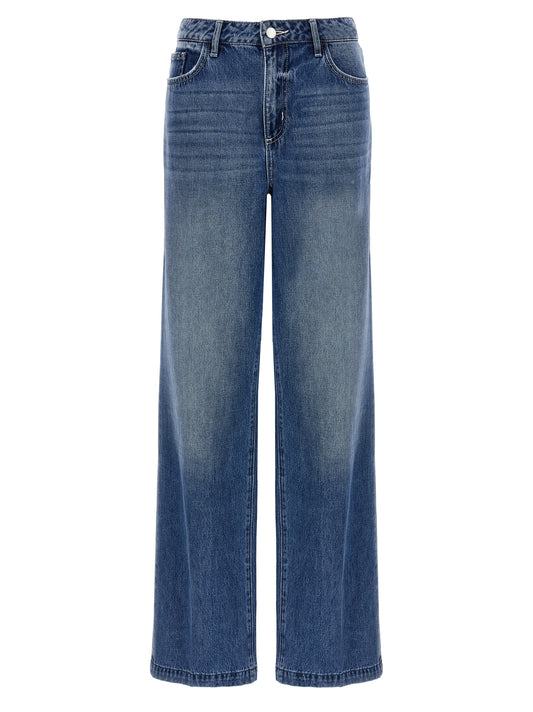 Jeans by L'Agence for women in denim cotton blue features a polished silhouette with a polished wide, reaching a polished short and finished with a polished high rise.