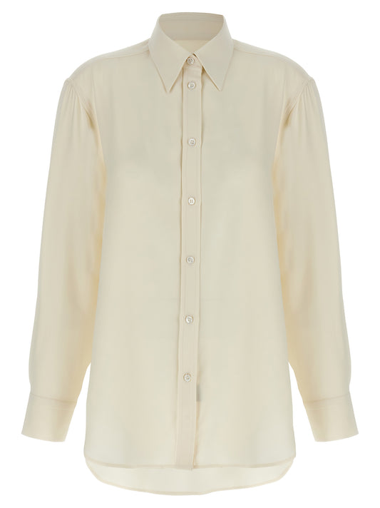 Blouse by Brioni for women in silk white showcases a sharp silhouette, elegantly detailed with a sharp and sharp .