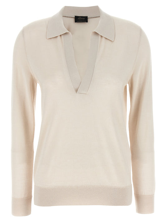 Polo Shirt by Brioni for women in cashmere silk beige presents a distinguished silhouette, showcasing a sophisticated v-neck neckline and distinguished long-sleeve for a truly distinguished finish.