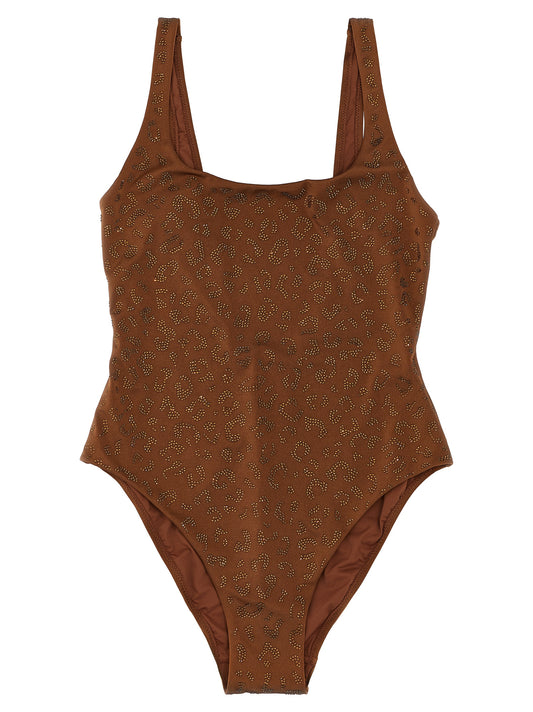 One-Piece Swimsuit by MC2 Saint Barth for women in polyester & rhinestones animal, brown & print features a exquisite silhouette, showcasing the exquisite design of this Women's Polyester & Rhinestones One-Piece Swimsuit with a exquisite fit and cut.