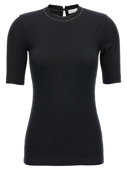 T-Shirt by Brunello Cucinelli for women in stretch cotton black & signature features a plush silhouette, showcasing a sophisticated crew neckline and short-sleeve for a truly plush finish.