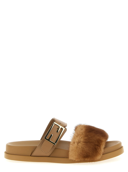 Sliders Flat Shoes by Fendi for women in plush leather brown & gold presents a effortless chic silhouette, showcasing the Grace Women's Plush Leather Sliders Flat Shoes design with a effortless chic and for a sophisticated look.