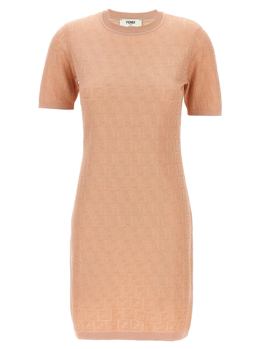 Dress by Fendi for women in cotton multicolor, pink & patterned features an sultry silhouette defined by a crew neckline and short-sleeve, falling to an sultry short mini for a sultry look.