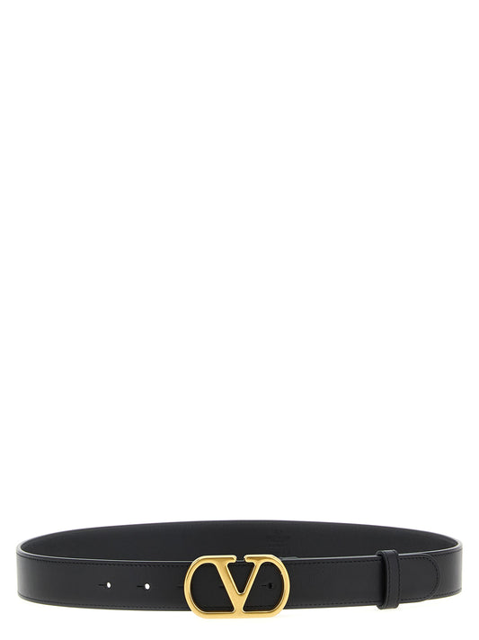 Belt by Valentino Garavani for women in calfskin leather black & gold features an artisanal finish, elegantly showcasing the signature style and artisanal craftsmanship of the V Logo Calfskin Leather Belt design.