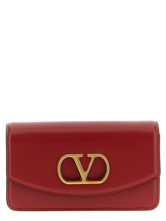 Evening Flap Clutch Handbag by Valentino Garavani for women in calfskin leather multicolor, red & signature showcases a sculptural silhouette, featuring a secure flap & magnetic, ample , and versatile shoulder-strap, adjustable-strap & detachable-strap for a sculptural aesthetic.