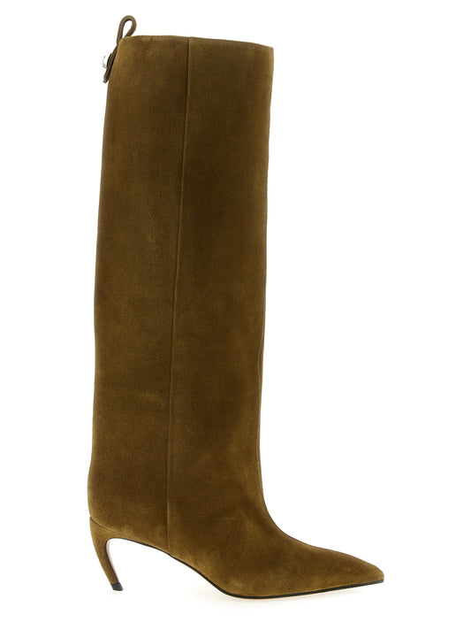 Over-The-Knee Boots by The Attico for women in suede goatskin leather bicolour & green features an avant-garde Women's Suede Goatskin Leather Over-The-Knee Boots silhouette, defined by a sophisticated and a avant-garde pointed toe style.