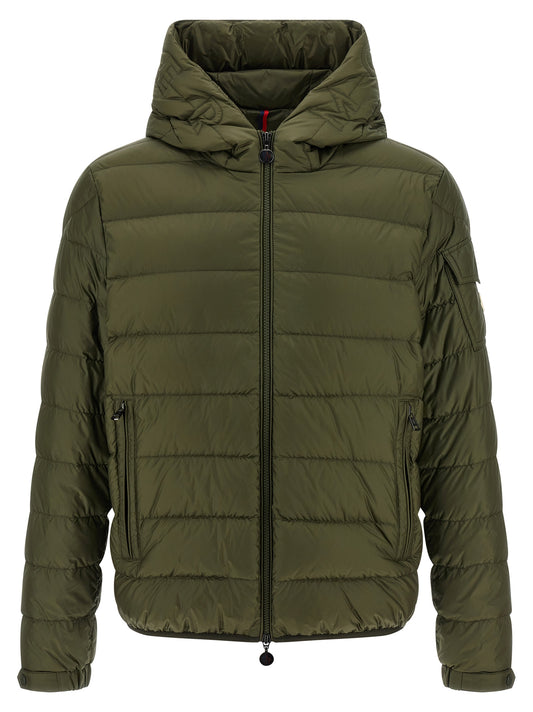 Hooded Puffer Jacket by Moncler for men in polyamide felt & goose-down bicolour & green features an contemporary silhouette, showcasing a sophisticated hooded neckline and contemporary pockets, hooded & insulated for a truly refined look.