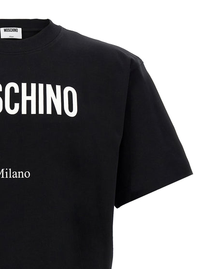 T-Shirt by Moschino for men in cotton bicolour, black, white & print showcases a fashionable silhouette, elegantly detailed with a fashionable and crew neckline for a sophisticated, high-fashion look.