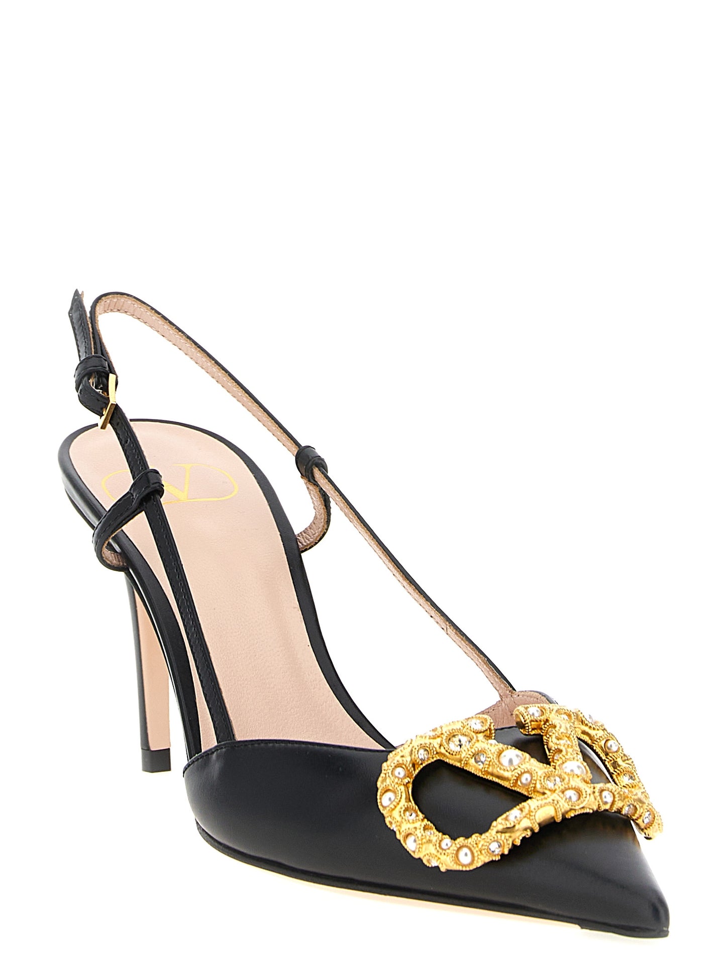 High-Heel Slingback Pumps Heels by Valentino Garavani for women in calfskin leather and black & signature showcases a effortlessly elegant silhouette as V Logo Women's Calfskin Leather High-Heel Slingback Pumps Heels, featuring a effortlessly elegant high-heel and a effortlessly elegant pointed toe style for an elegant look.