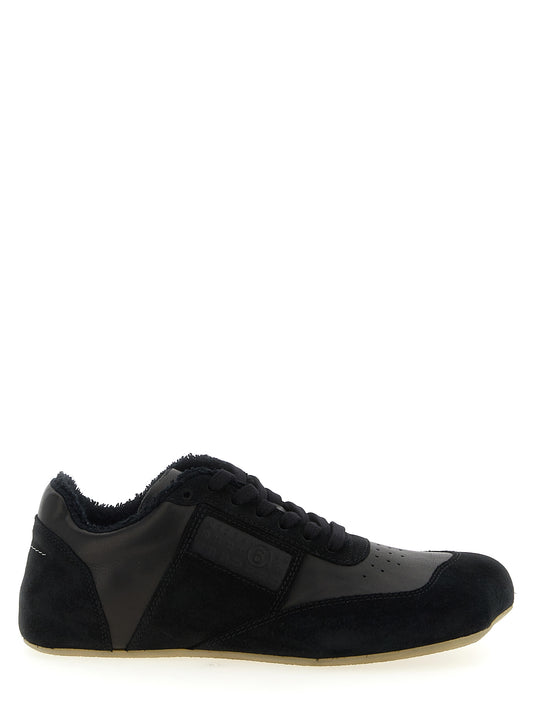 Athletic Sneakers by MM6 Maison Margiela for men in calfskin leather black, white & signature features an effortless chic silhouette, showcasing the signature athletic style of the Men's Athletic Calfskin Leather Sneakers collection with a truly effortless chic finish.