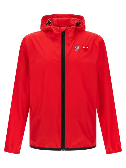 Hooded Windbreaker Jacket by Comme Des Garçons Play for women in nylon fabric multicolor, red & print features an perennial silhouette with a refined hooded neckline and perennial water-resistant, pockets, hooded & windproof for a sophisticated weather-resistant look.