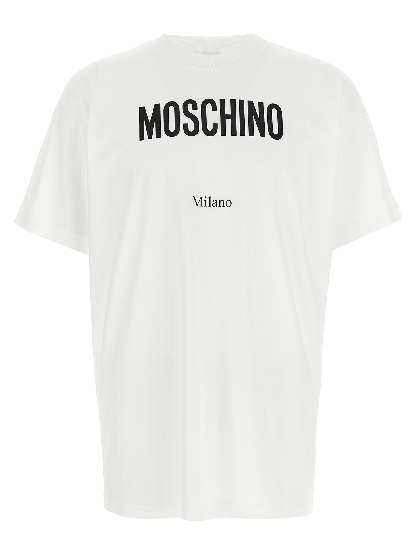 T-Shirt by Moschino for men in cotton bicolour, black, white & print showcases a unassuming silhouette, artfully detailed with a refined crew neckline and unassuming short-sleeve for a sophisticated, contemporary look.