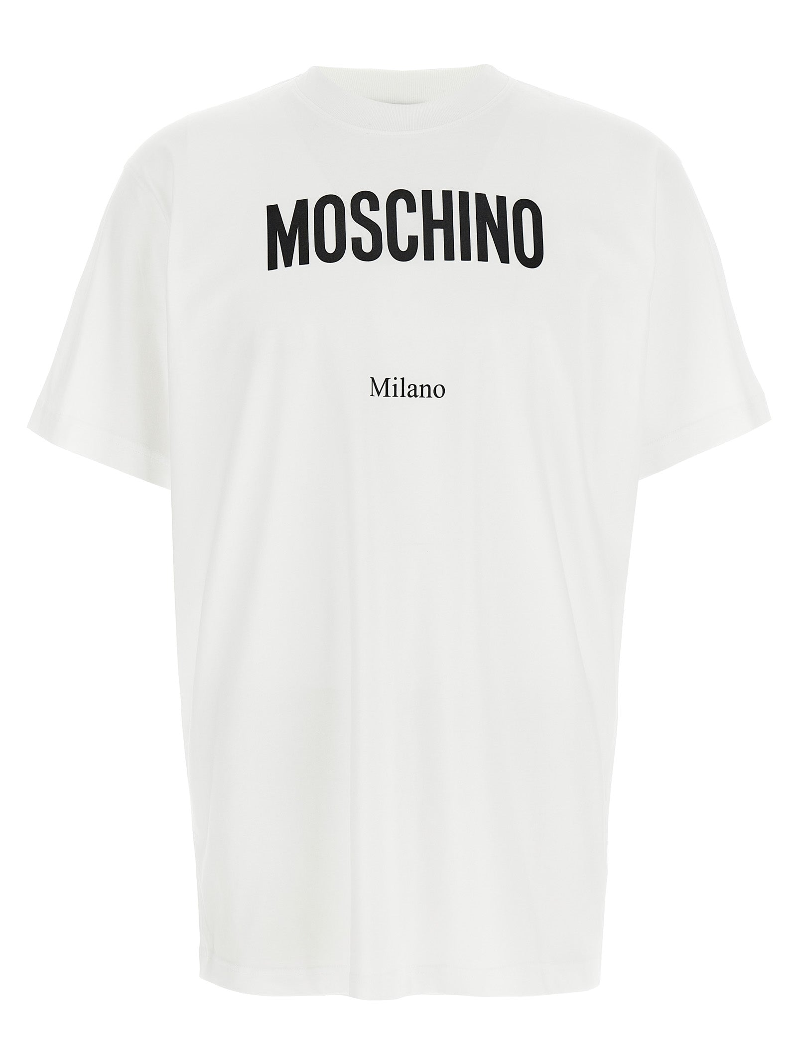 T-Shirt by Moschino for men in cotton bicolour, black, white & print showcases a unassuming silhouette, artfully detailed with a refined crew neckline and unassuming short-sleeve for a sophisticated, contemporary look.