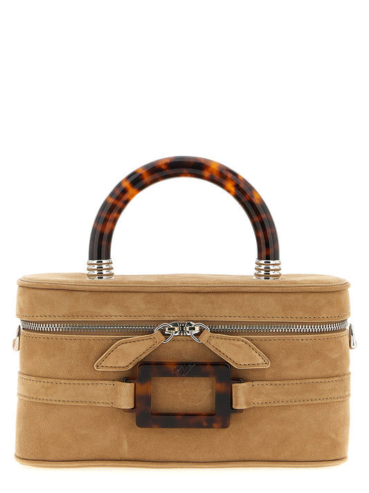 Mini Vanity Handbag by Roger Vivier for women in denim cotton & acetate beige features a ornamental silhouette, showcasing a secure zipper & buckle, ample , and ornamental shoulder-strap, adjustable-strap & handle for a sophisticated look.