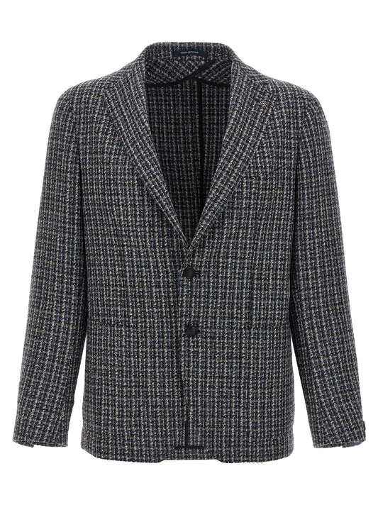 Blazer by Tagliatore for men in polyester virgin wool tweed multicolor features an sartorial silhouette, showcasing a sophisticated v-neck split neckline and sartorial for a truly sartorial finish.