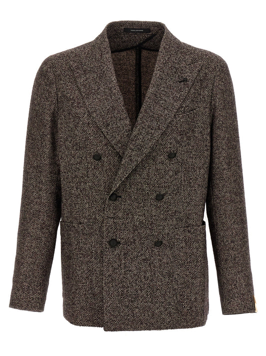 Blazer by Tagliatore for men in acrylic polyamide virgin wool brown & patterned features an sartorial silhouette, showcasing a sophisticated and sartorial for a truly sartorial finish.