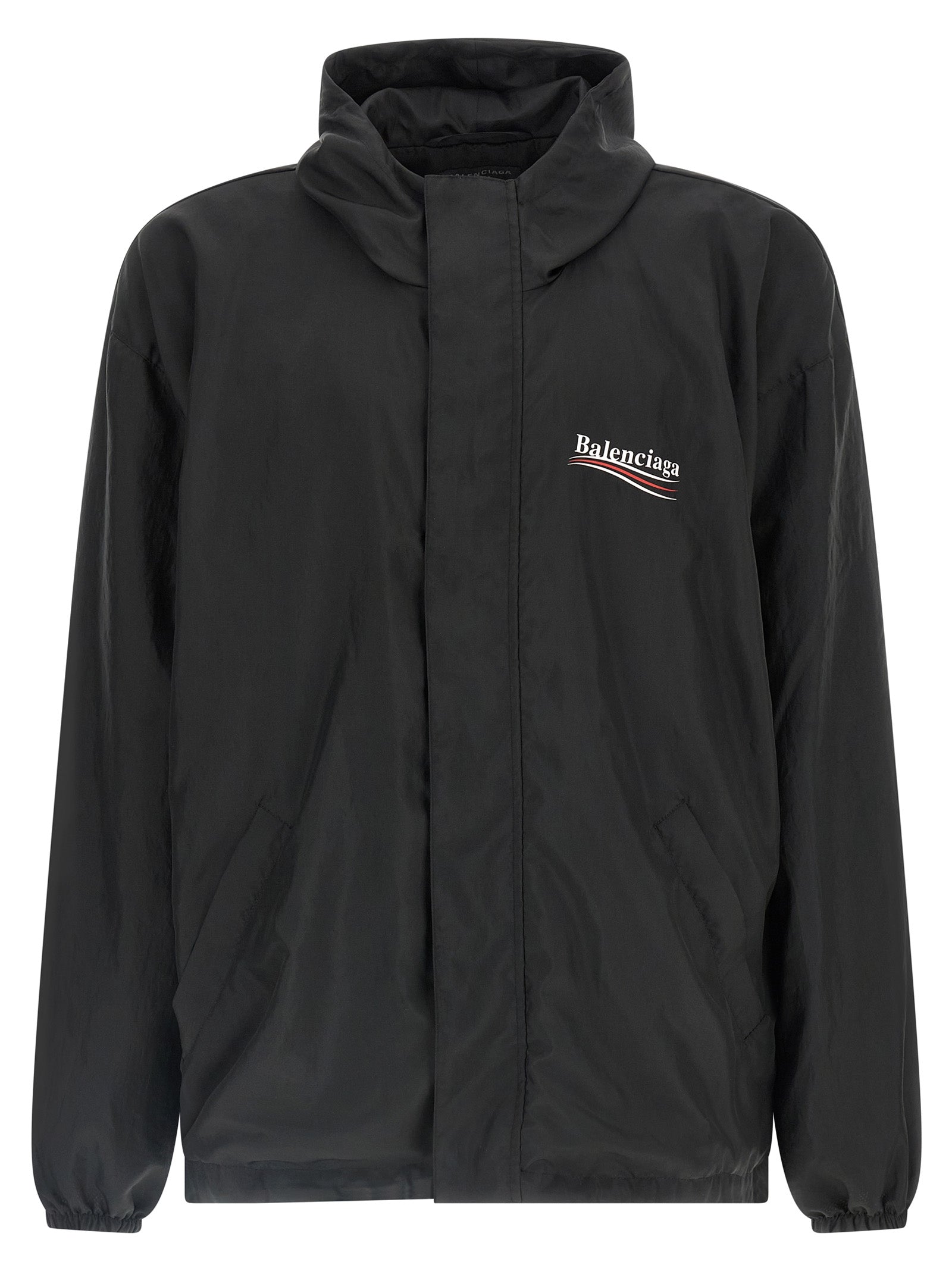 Hooded Windbreaker Jacket by Balenciaga for men in polyester black presents a resilient silhouette, artfully detailed with a sophisticated hooded neckline and functional hooded & windproof for a resilient finish.