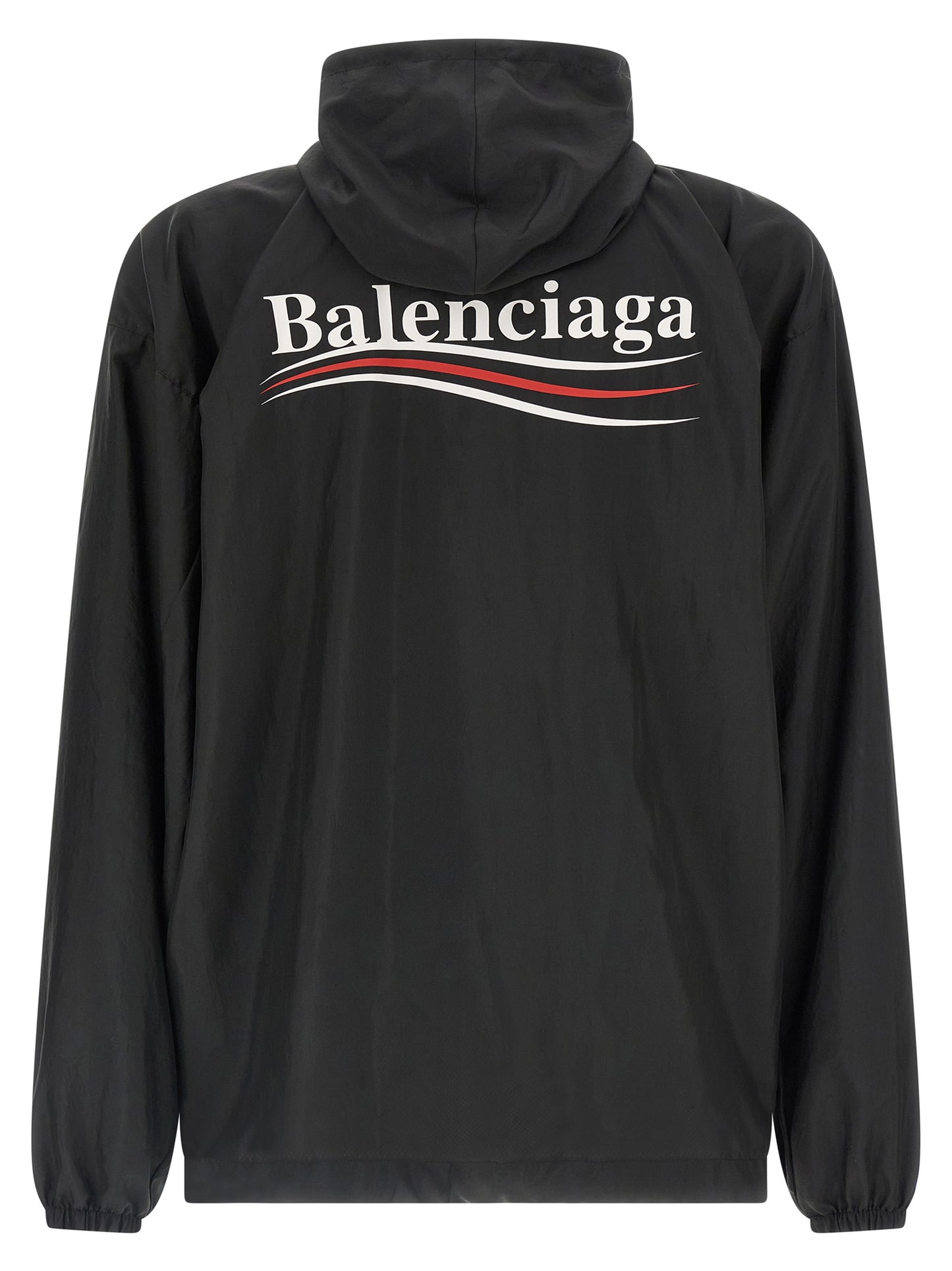 Hooded Windbreaker Jacket by Balenciaga for men in polyester black features an perennial silhouette with a refined hooded neckline and perennial hooded & windproof for a sophisticated weather-resistant look.