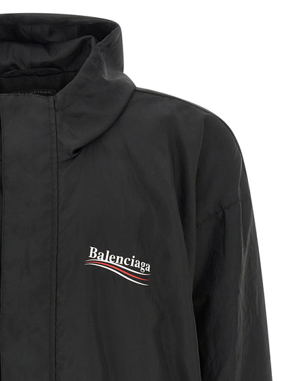 Hooded Windbreaker Jacket by Balenciaga for men in polyester black showcases a modern silhouette, integrating hooded & windproof and a modern hooded neckline for a sophisticated finish.