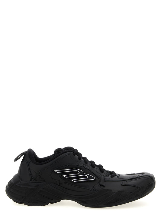 Athletic Sneakers by Balenciaga for men in calfskin leather & plush polyester black showcases a architectural silhouette, artfully capturing the essence of the Men's Athletic Calfskin Leather & Plush Polyester Sneakers with its signature architectural athletic style construction.