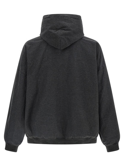 Sweatshirt Hoodie by Balenciaga for men in denim cotton gray features an dramatic silhouette, showcasing a sophisticated hooded neckline and dramatic for a refined, modern aesthetic.