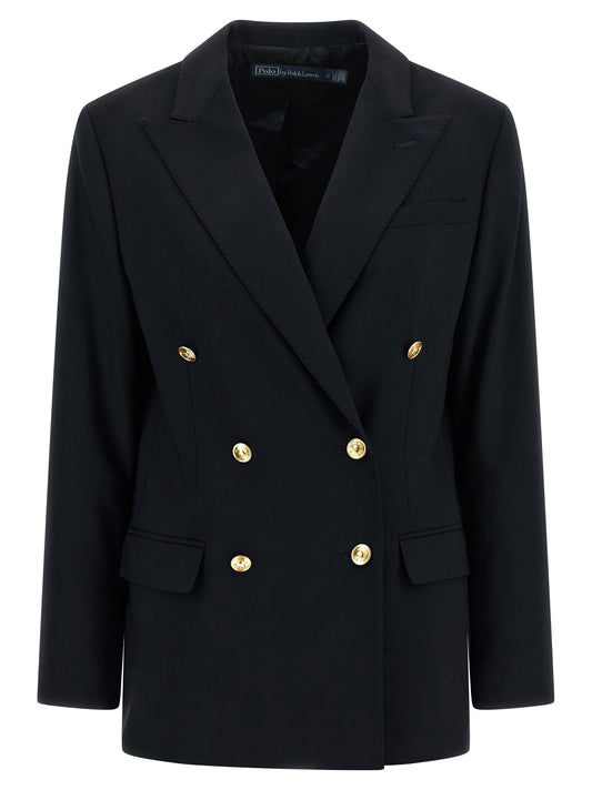 Blazer by Polo Ralph Lauren for women in wool blue features an sartorial silhouette, showcasing a sophisticated split neckline and sartorial for a truly sartorial finish.