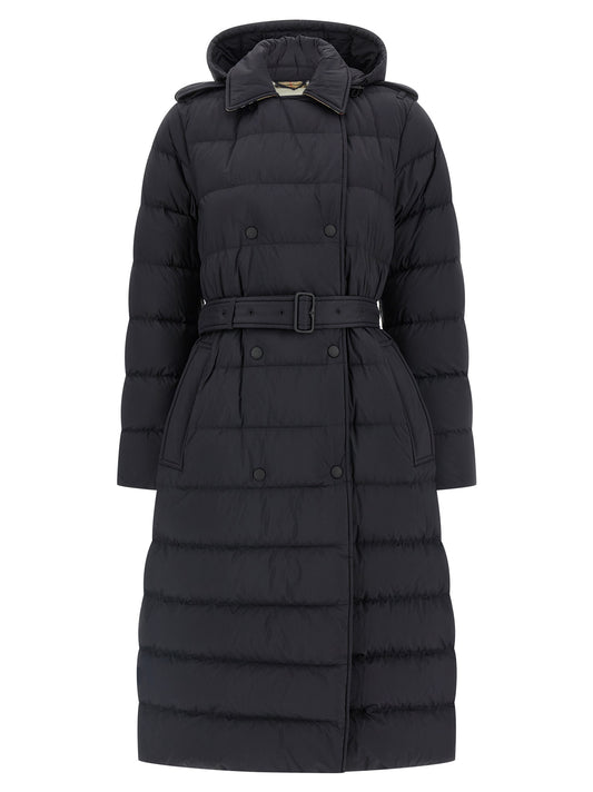 Hooded Trench Coat by Burberry for women in polyamide black & signature presents an sculptural silhouette, artfully detailed with a sculptural hooded double-breasted neckline and functional lightweight, hooded & insulated for a truly sculptural finish.