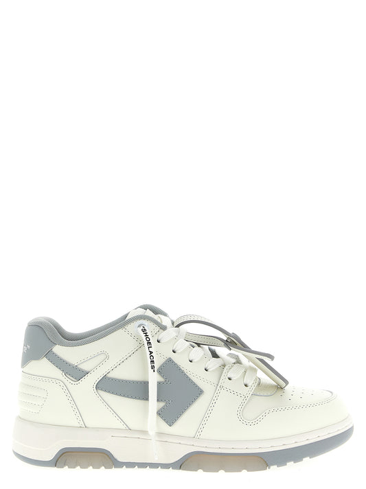 Sneakers by Off-White for men in leather & rubber gray & white presents a sumptuous silhouette, artfully capturing the essence of the Explorer Men's Low Top Leather & Rubber Sneakers with its sumptuous low-top style design.