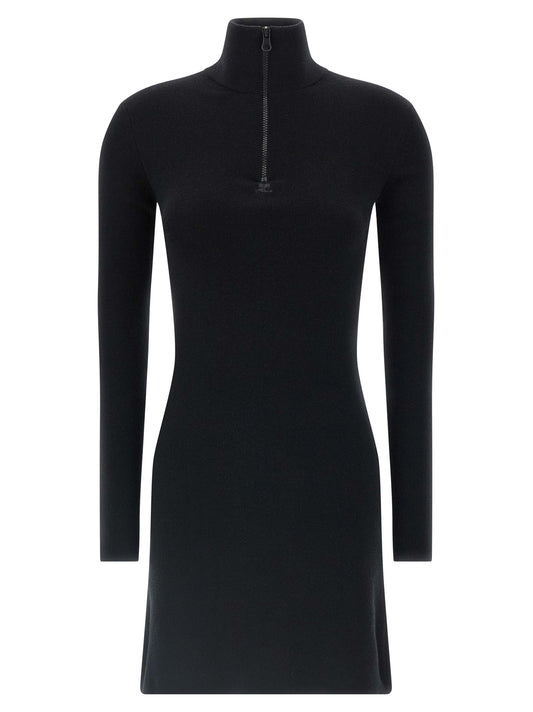 Dress by Courrèges for women in merino wool black showcases a striking silhouette, elegantly detailed with a long-sleeve, refined , and a striking short mini for a striking finish.