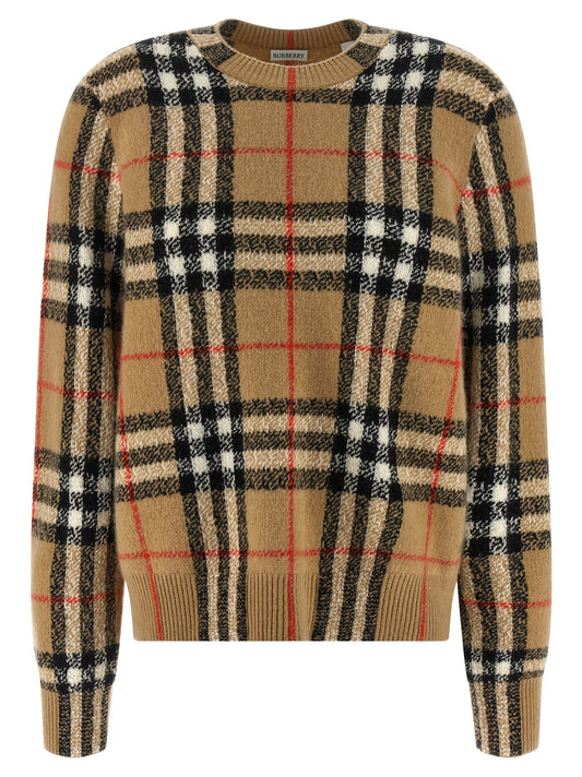 Cardigan by Burberry for women in cashmere beige & jacquard features a nuanced silhouette with a refined crew neckline and nuanced detailing for a sophisticated look.