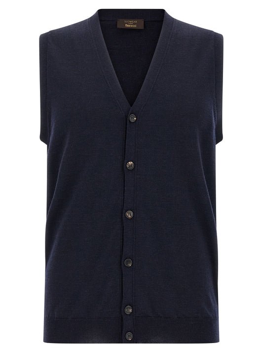 Cardigan by ZANONE for men in polyamide & virgin wool blue features an impeccable silhouette, showcasing a sophisticated v-neck neckline and sleeveless detail for a truly impeccable finish.