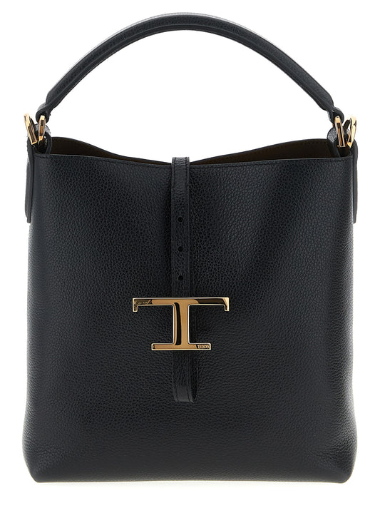 Mini Bucket Handbag by Tod's for women in calfskin leather black features a signature silhouette, showcasing a secure snap & button and signature with versatile shoulder-strap, handle & adjustable-strap for a sophisticated look.