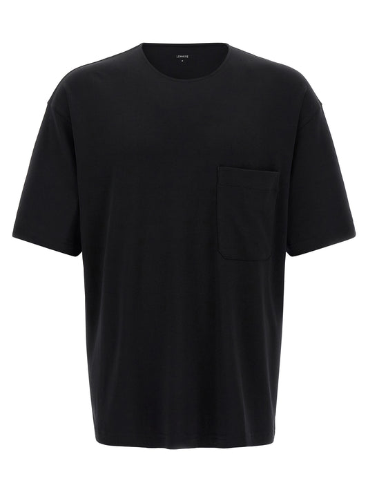 T-Shirt by Lemaire for men in cotton & silk black showcases a fashionable silhouette, elegantly detailed with a fashionable short-sleeve and round neckline for a sophisticated, high-fashion look.