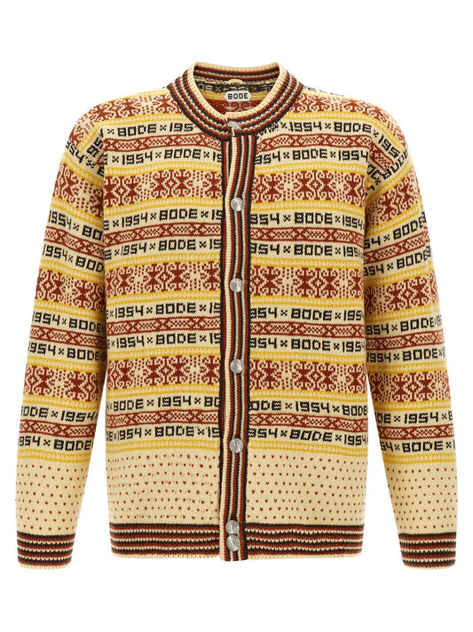 Cardigan by BODE for men in wool multicolor, patterned & jacquard showcases a luxurious silhouette, meticulously detailed with a sophisticated crew neckline and for a refined finish.