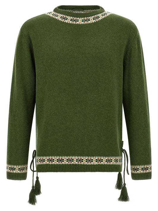 Cardigan by BODE for men in virgin wool bicolour, green, patterned & jacquard showcases a captivating silhouette, artfully detailed with a captivating long-sleeve and crew neckline for a truly sophisticated captivating look.