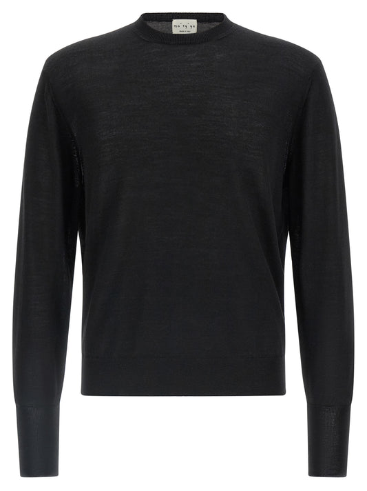 Cardigan by MA'RY'YA for men in cashmere modacrylic merino wool blend black presents a textural silhouette, artfully finished with a textural crew neckline and for a sophisticated, textural look.