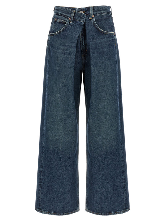 Jeans by Agolde for women in denim cotton blue features an sartorial straight-leg & wide and long with a cut for a sartorial finish.