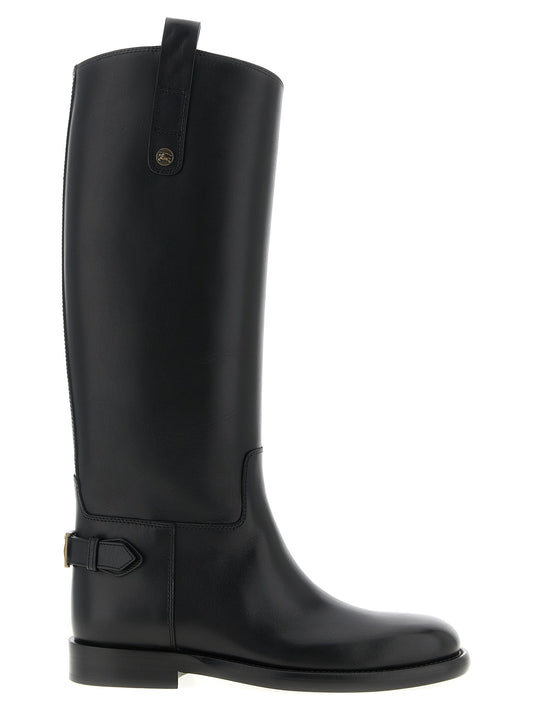 Over-The-Knee Strap Boots by Burberry for women in calfskin leather black & signature features an dynamic silhouette, showcasing the dynamic Women's Calfskin Leather Over-The-Knee Strap Boots design with its distinctive and elegant round toe style.