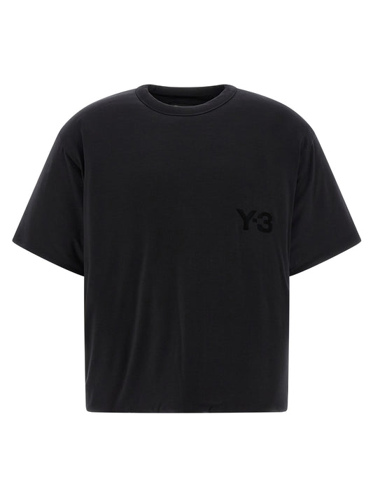 T-Shirt by Y-3 for men in lyocell & silicone black showcases a unassuming silhouette, artfully detailed with a refined crew neckline and unassuming short-sleeve for a sophisticated, contemporary look.