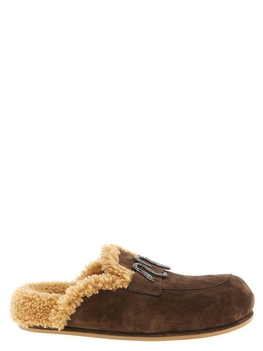 Sliders Flat Shoes by RENE CAOVILLA for women in suede calfskin leather & crystal brown & signature showcases a enchanting silhouette as part of the Women's Suede Calfskin Leather & Crystal Sliders Flat Shoes collection, defined by a enchanting and for a enchanting look.