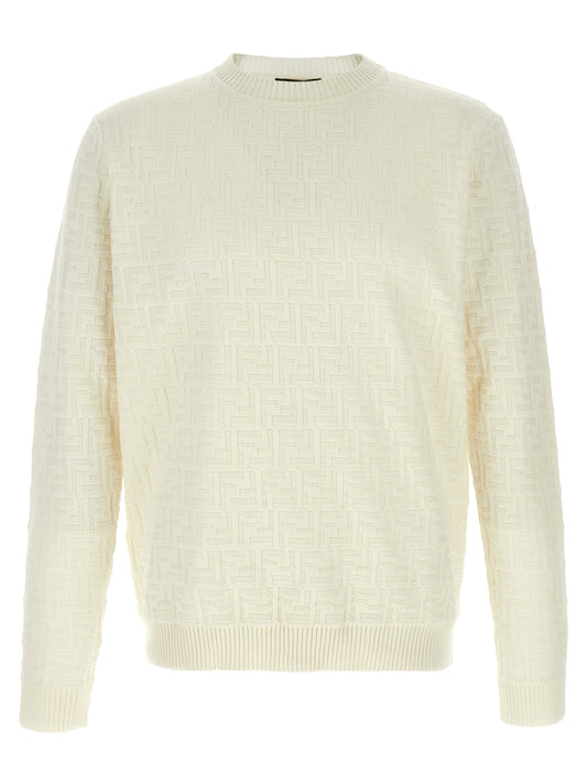 Cardigan by Fendi for men in cotton white, patterned & jacquard presents a textural silhouette, artfully finished with a textural crew neckline and long-sleeve for a sophisticated, textural look.