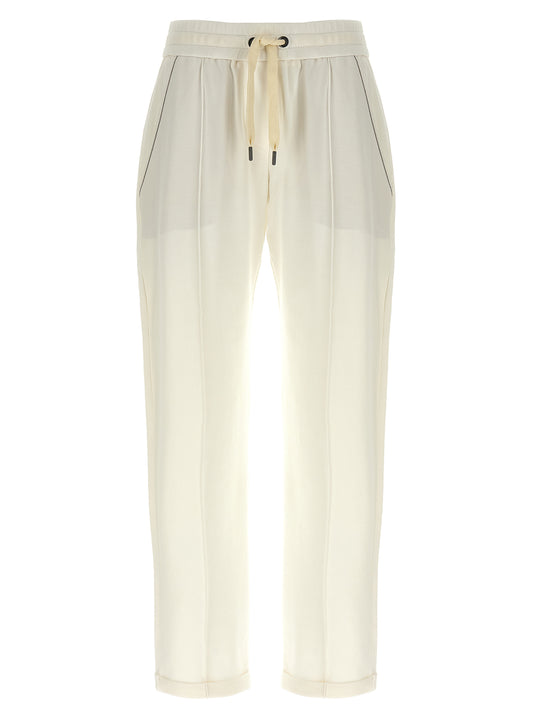 Joggers by Brunello Cucinelli for women in stretch cotton white & signature presents a tailored silhouette, showcasing a tailored relaxed-fit and long cut with a refined for a truly tailored aesthetic.