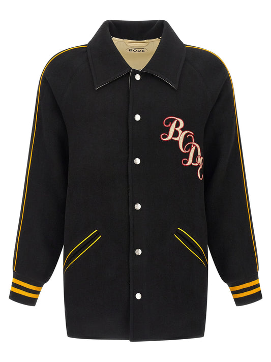 Jacket by BODE for men in satin wool multicolor & monogram presents a impeccable silhouette, showcasing distinct pockets and a impeccable shirt-collar neckline for a sophisticated finish.