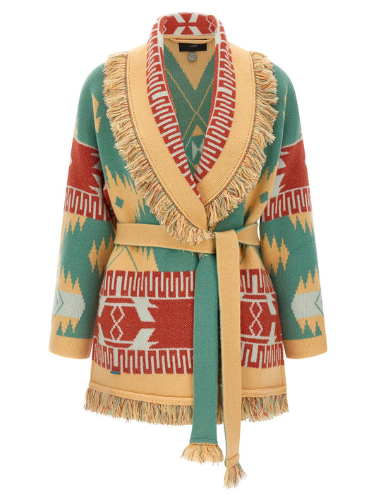 Cardigan by Alanui for women in linen & cashmere multicolor, patterned & jacquard showcases a captivating silhouette, artfully detailed with a captivating long-sleeve and shawl-collar neckline for a truly sophisticated captivating look.